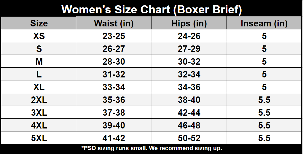 Women's Size Chart – PSD Underwear Help Center
